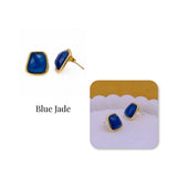 Natural Red Strawberry Quartz Gold Plated Stud Earrings, Minimal Gemstone Jewelry CE-1013 Blue Jade