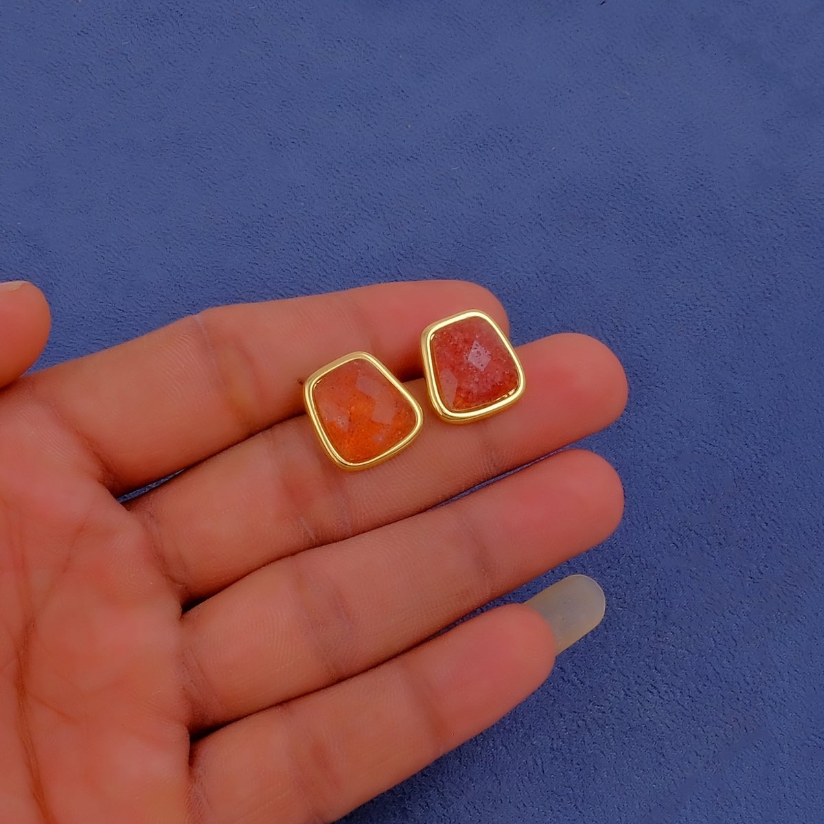 Natural Red Strawberry Quartz Gold Plated Stud Earrings, Minimal Gemstone Jewelry CE-1013