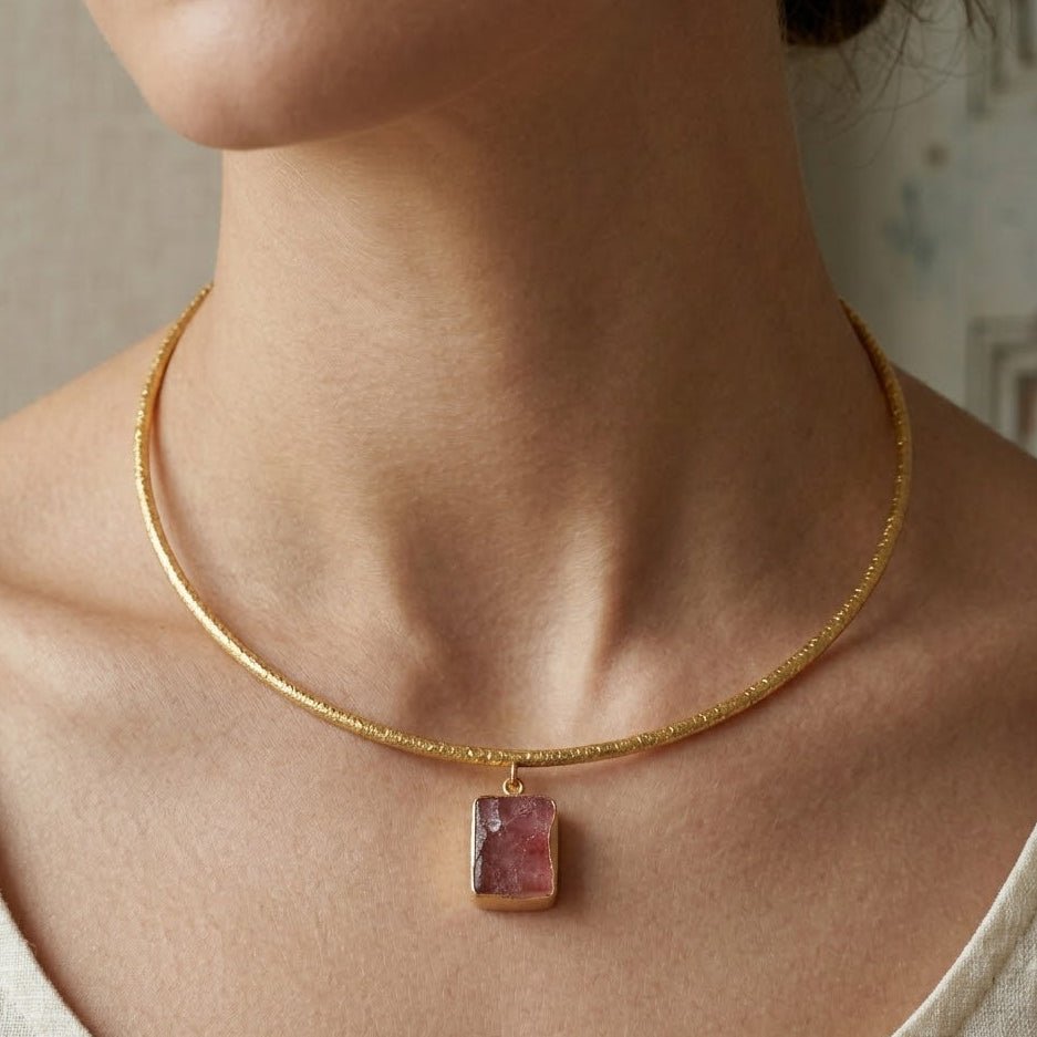 Natural Rose Quartz Raw Gemstone Choker Necklace, Gold Plated Jewelry 5269