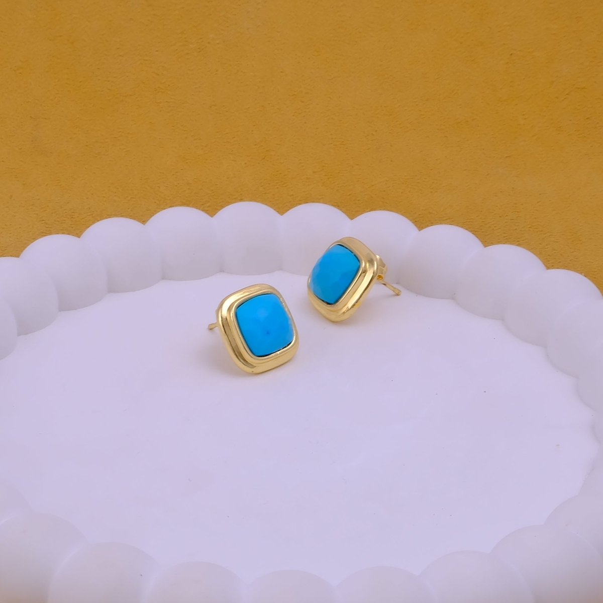 Natural Sodalite Cushion Cut Gemstone, Gold Plated Stud Earrings CE-1012