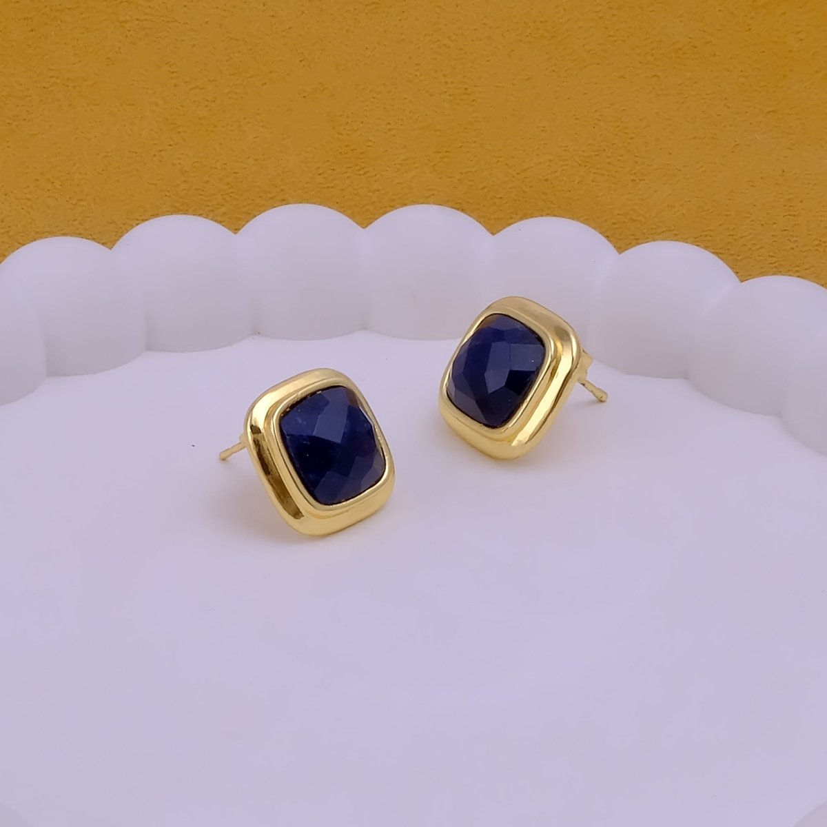 Natural Sodalite Cushion Cut Gemstone, Gold Plated Stud Earrings CE-1012