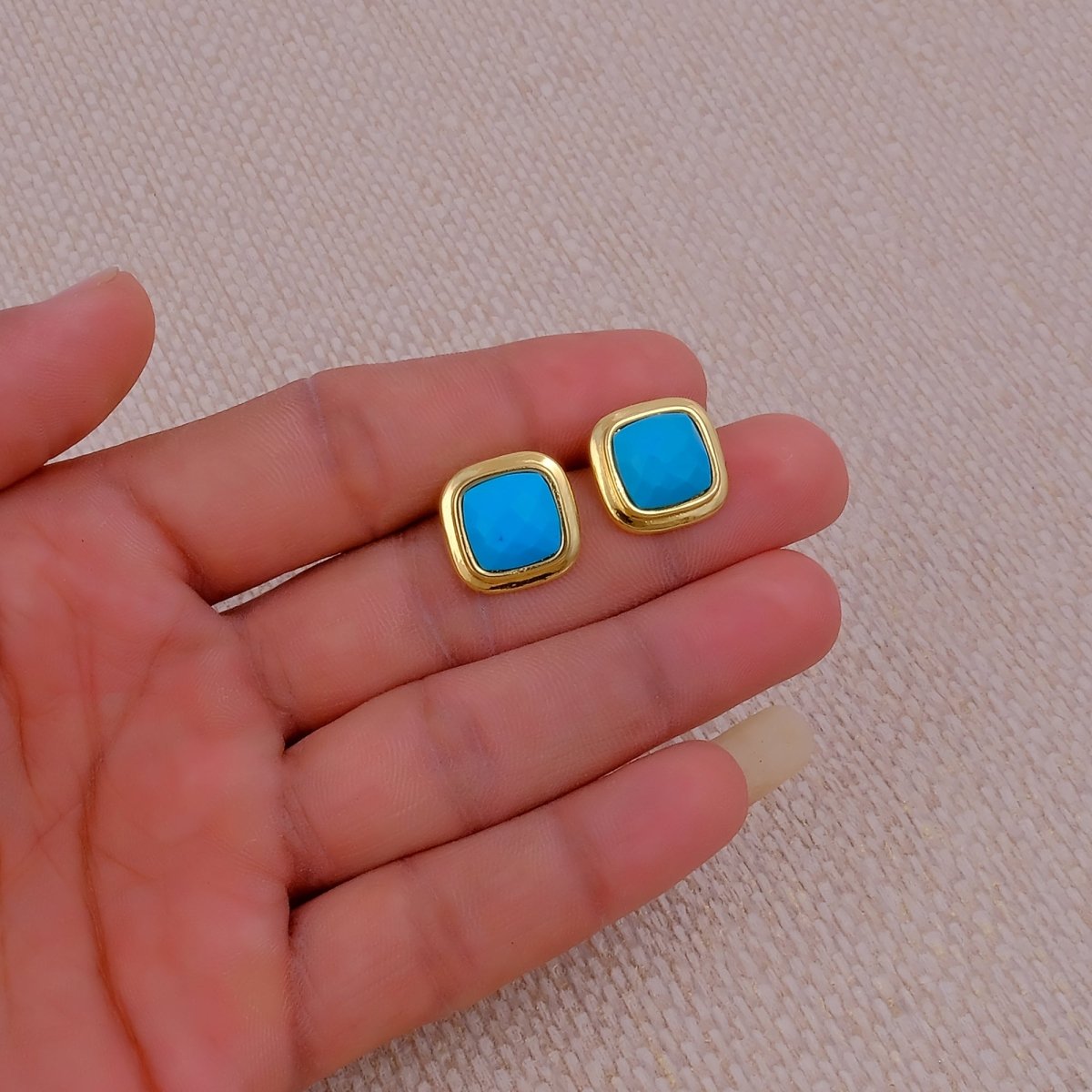 Natural Sodalite Cushion Cut Gemstone, Gold Plated Stud Earrings CE-1012