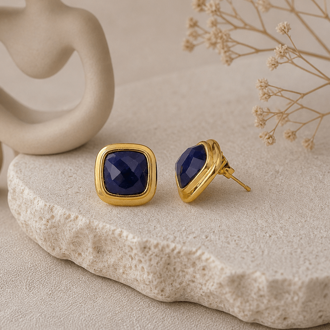 Natural Sodalite Cushion Cut Gemstone, Gold Plated Stud Earrings CE-1012 Sodalite