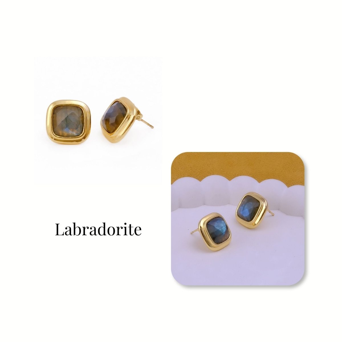 Natural Sodalite Cushion Cut Gemstone, Gold Plated Stud Earrings CE-1012 Labradorite