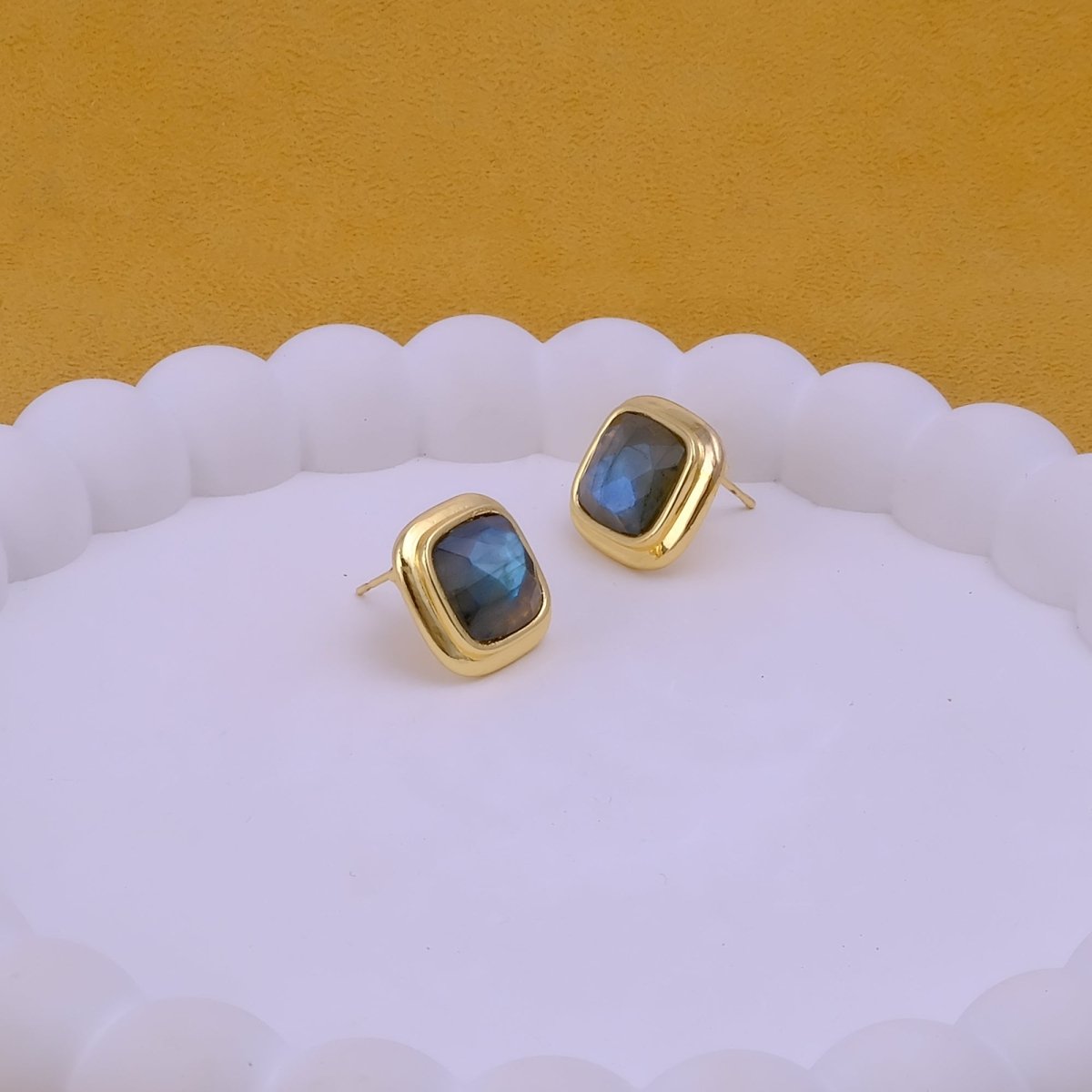 Natural Sodalite Cushion Cut Gemstone, Gold Plated Stud Earrings CE-1012