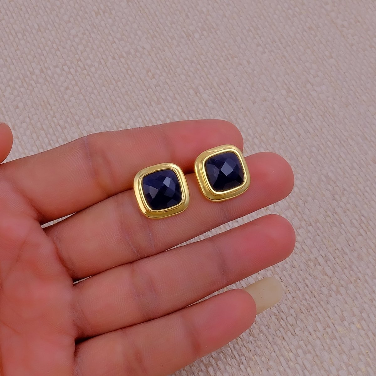 Natural Sodalite Cushion Cut Gemstone, Gold Plated Stud Earrings CE-1012