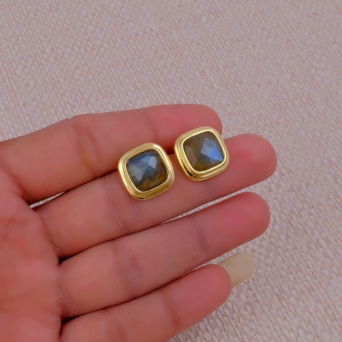 Natural Sodalite Cushion Cut Gemstone, Gold Plated Stud Earrings CE-1012