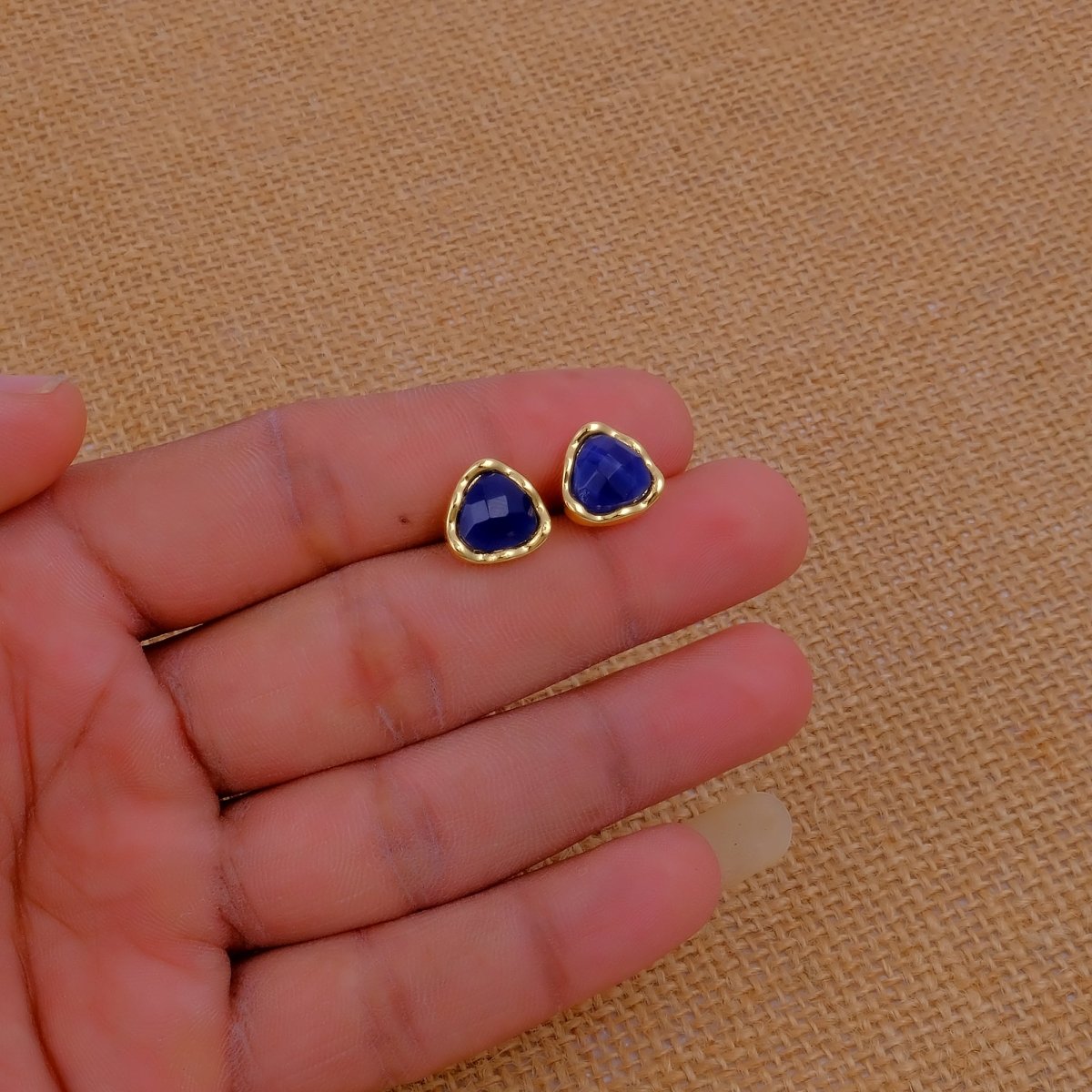Natural Sodalite Faceted Trillion Gemstone, Gold Plated Stud Earrings CE-1015