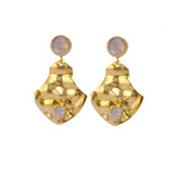 Opalite Gemstone Studs Earrings Gold Plated Collet Setting, Hammered Style Push Back Studs