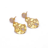 Opalite Gemstone Studs Earrings Gold Plated Collet Setting, Hammered Style Push Back Studs