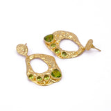 Open Teardrop Earrings with Peridot Gemstones with Gold Hammered Textured, Hammered Style Collet Set Push Back Studs Earrings Jewelry. S