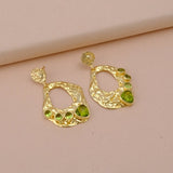 Open Teardrop Earrings with Peridot Gemstones with Gold Hammered Textured, Hammered Style Collet Set Push Back Studs Earrings Jewelry. S
