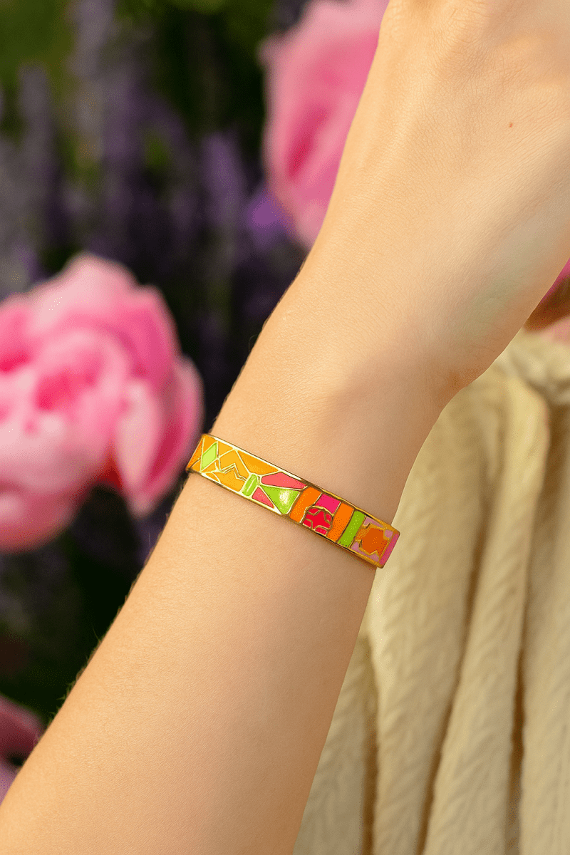 Orange Enamel Bangle Aesthetic Open Cuff Bangle Adjustable Gold Plated Jewelry