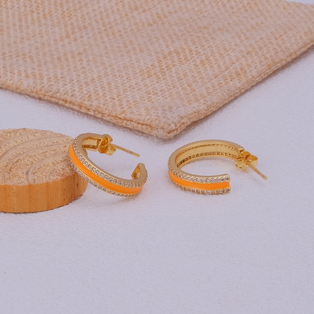 Orange Enamel Gold Plated Hoop Earrings Statement Jewelry