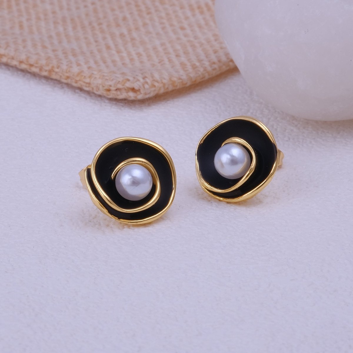 Orange Enamel Spiral Pearl Stud Gold Plated Earrings