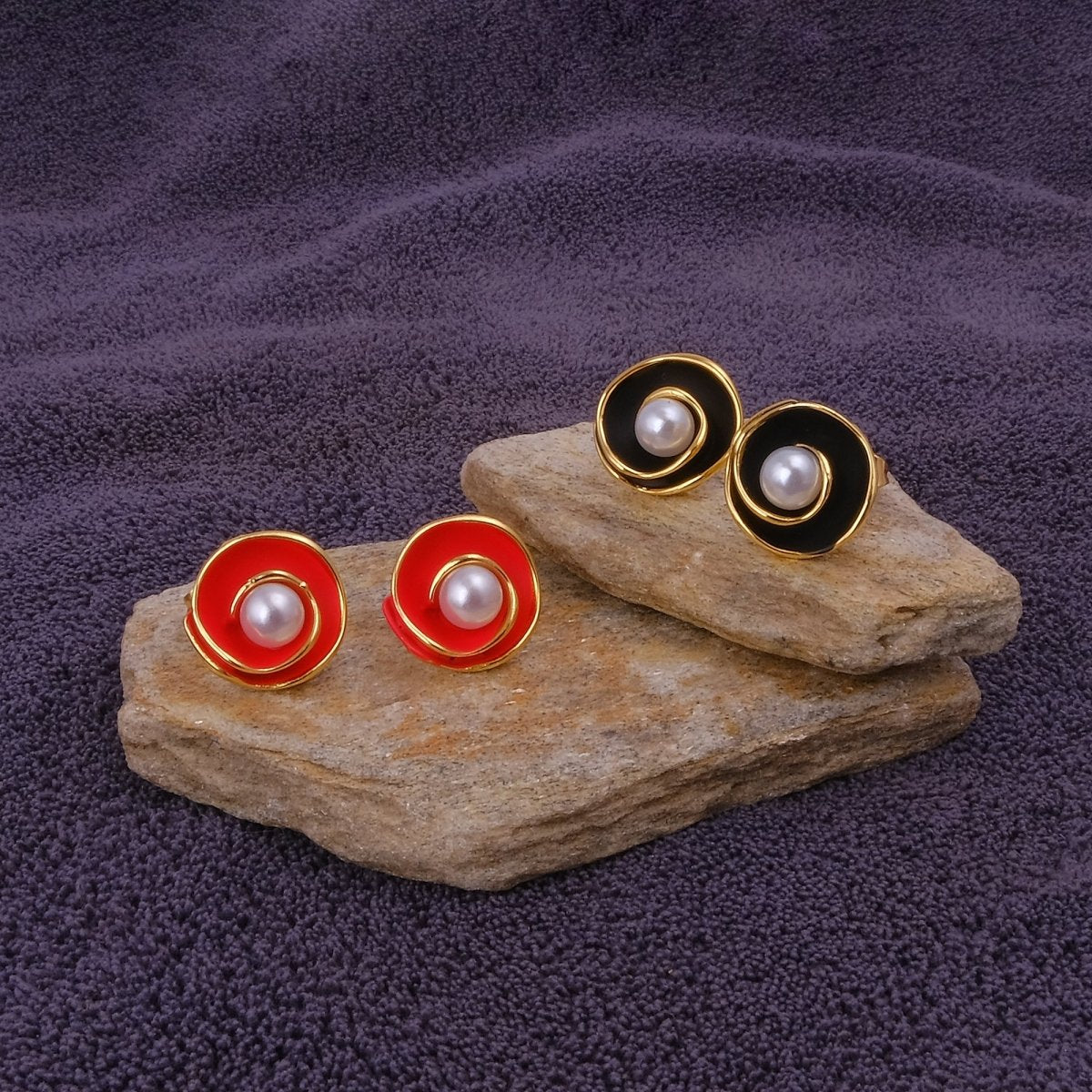 Orange Enamel Spiral Pearl Stud Gold Plated Earrings