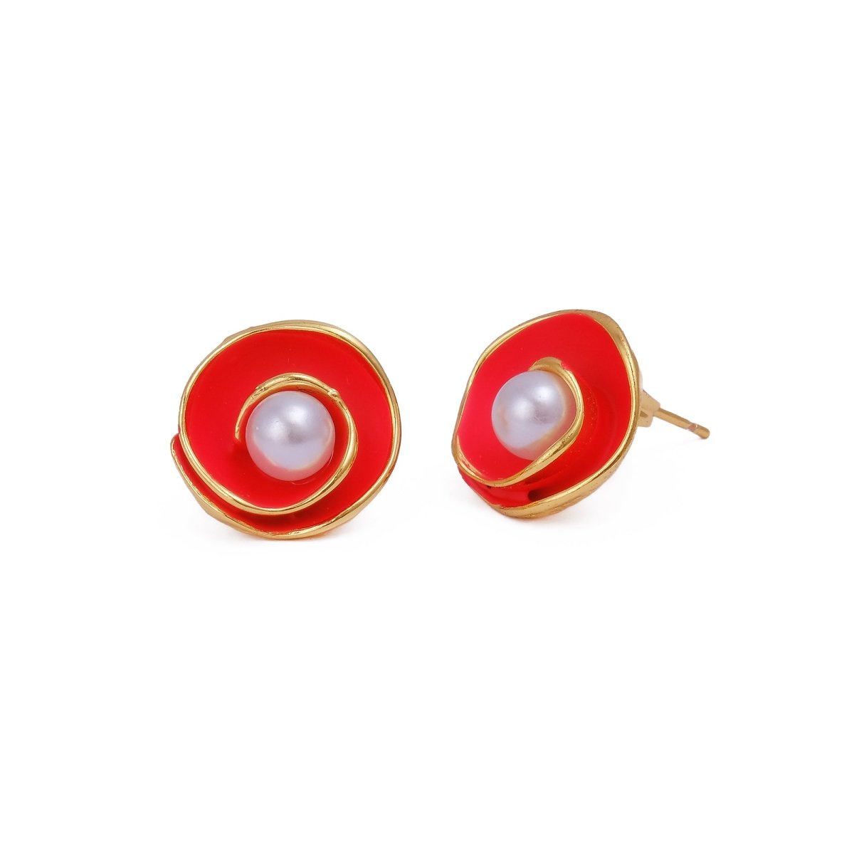 Orange Enamel Spiral Pearl Stud Gold Plated Earrings