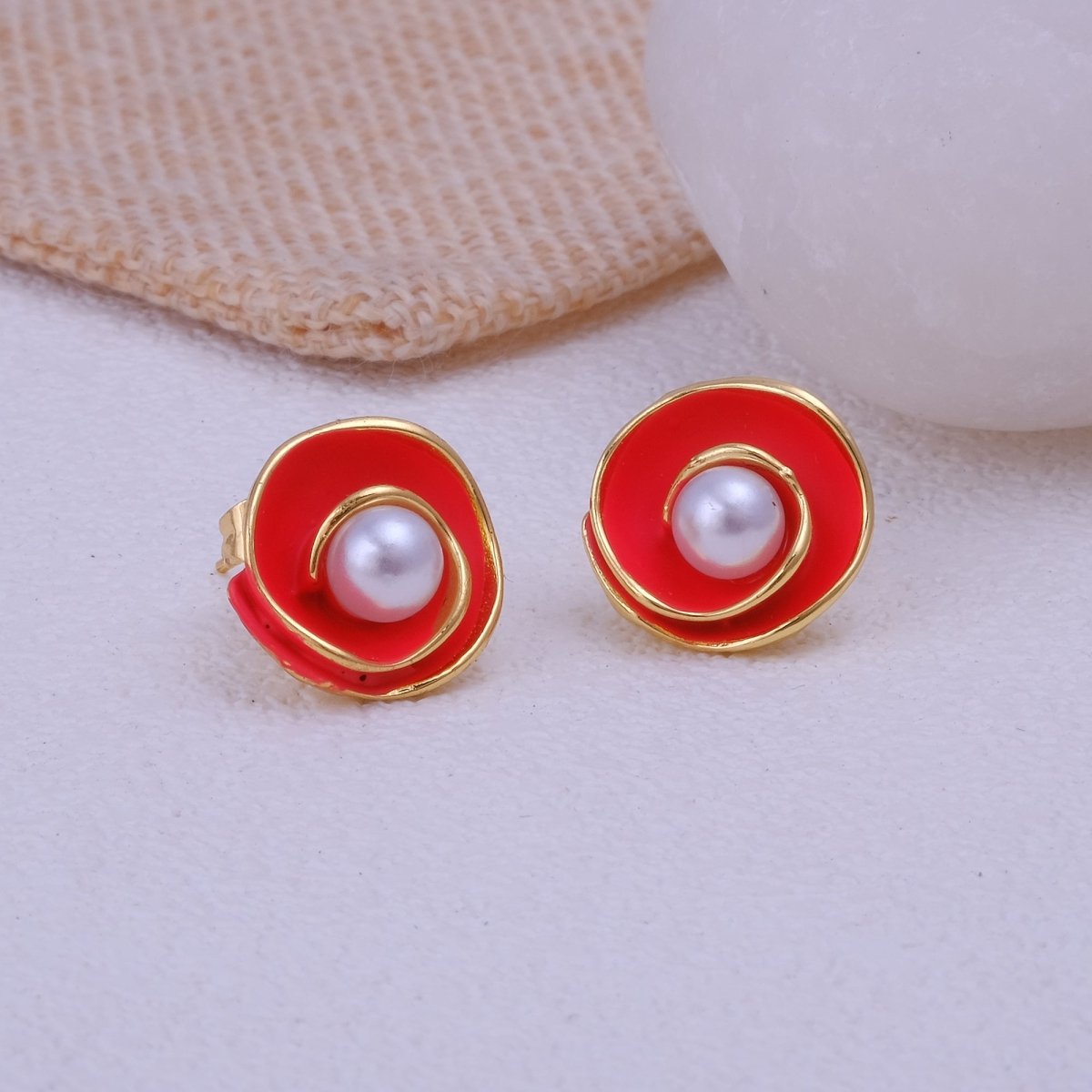 Orange Enamel Spiral Pearl Stud Gold Plated Earrings