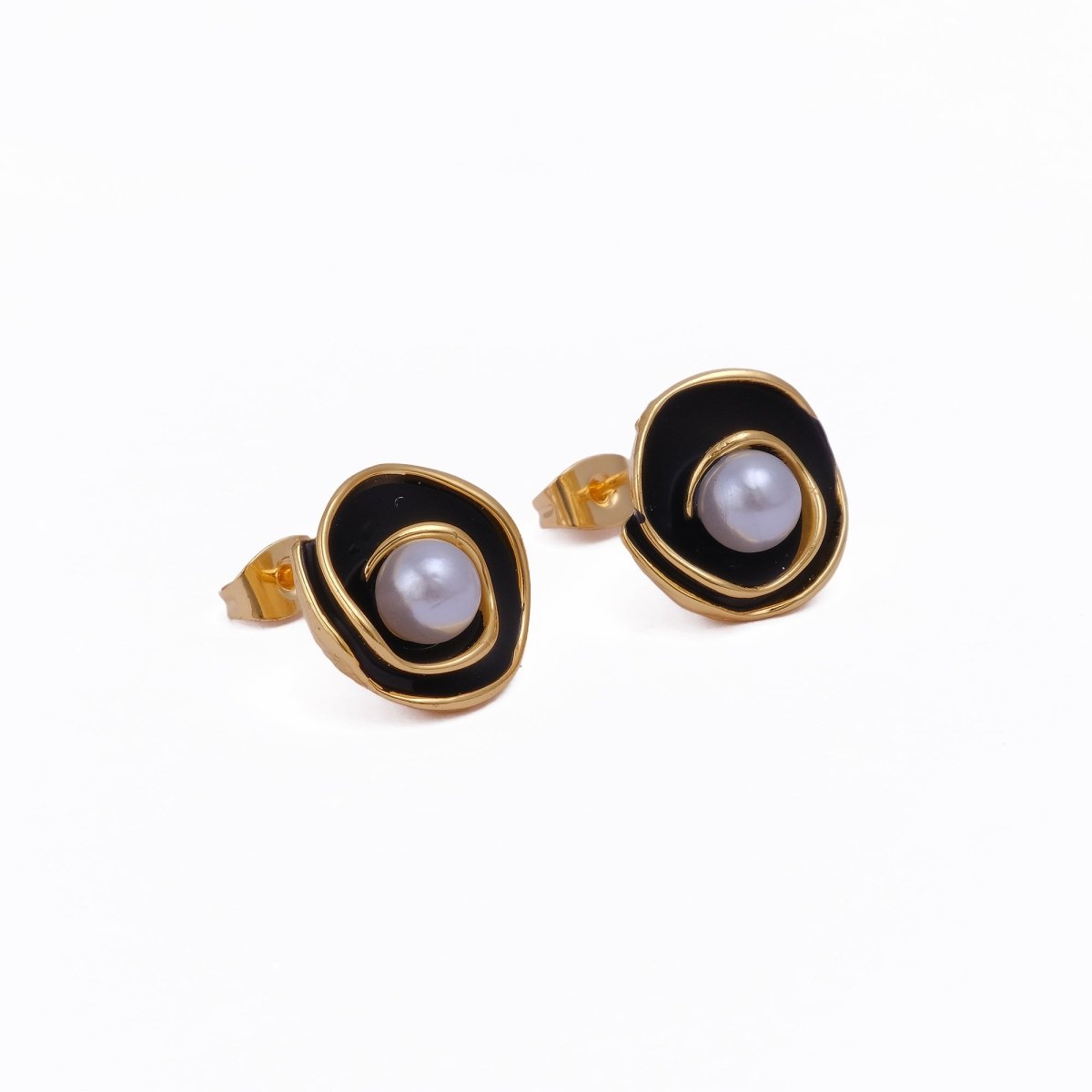 Orange Enamel Spiral Pearl Stud Gold Plated Earrings Black