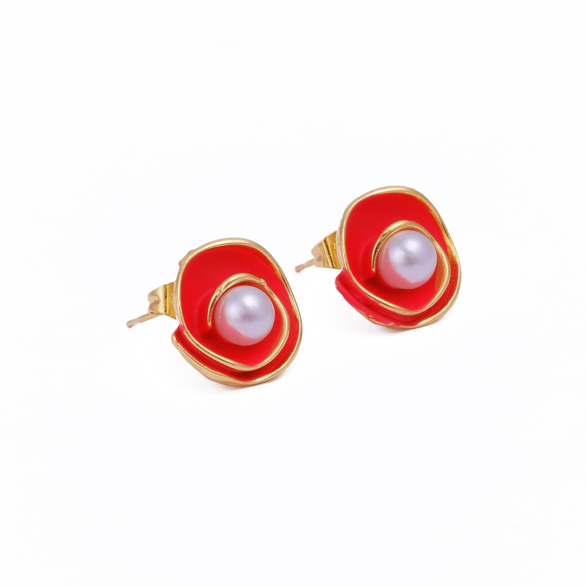 Orange Enamel Spiral Pearl Stud Gold Plated Earrings Orange