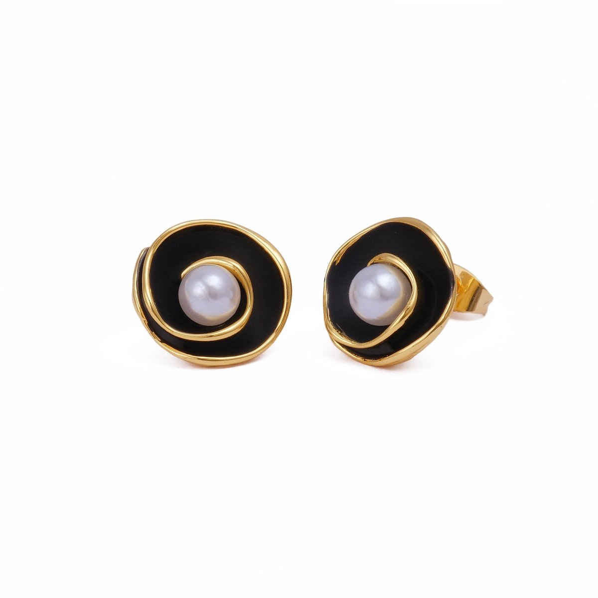 Orange Enamel Spiral Pearl Stud Gold Plated Earrings