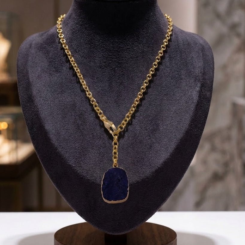 Organic Blue Sapphire Stone Necklace, Raw Gemstone Y - Drop Pendant 5211