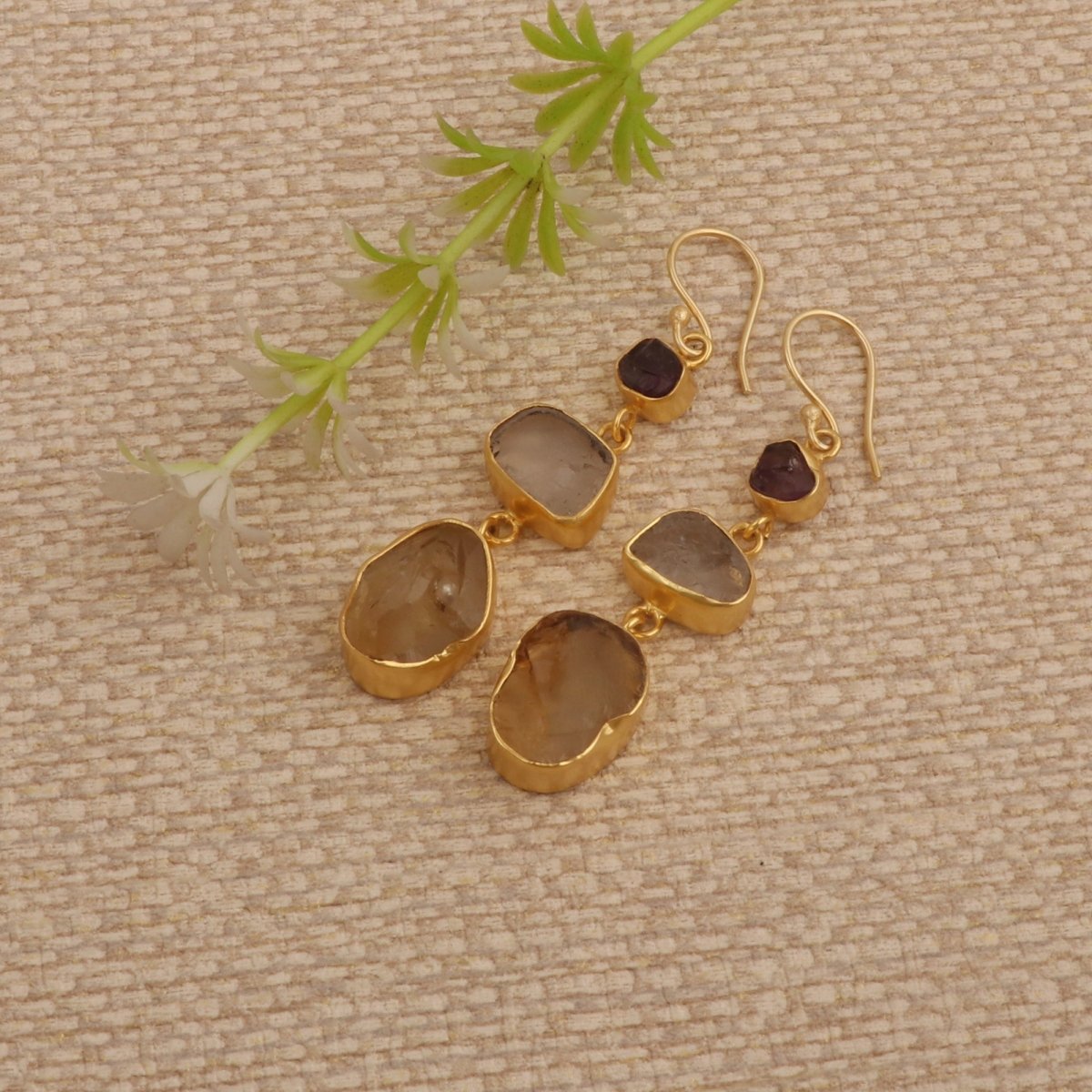 Organic Shape Gemstone Statement Earrings, Handmade Gold Plated Bezel Set 5284