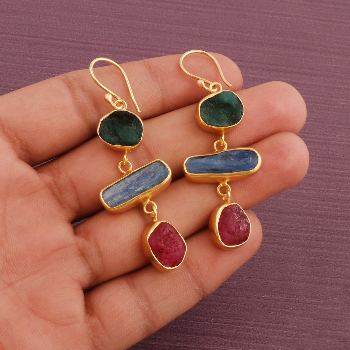Organic Shape Gemstone Statement Earrings, Handmade Gold Plated Bezel Set 5284