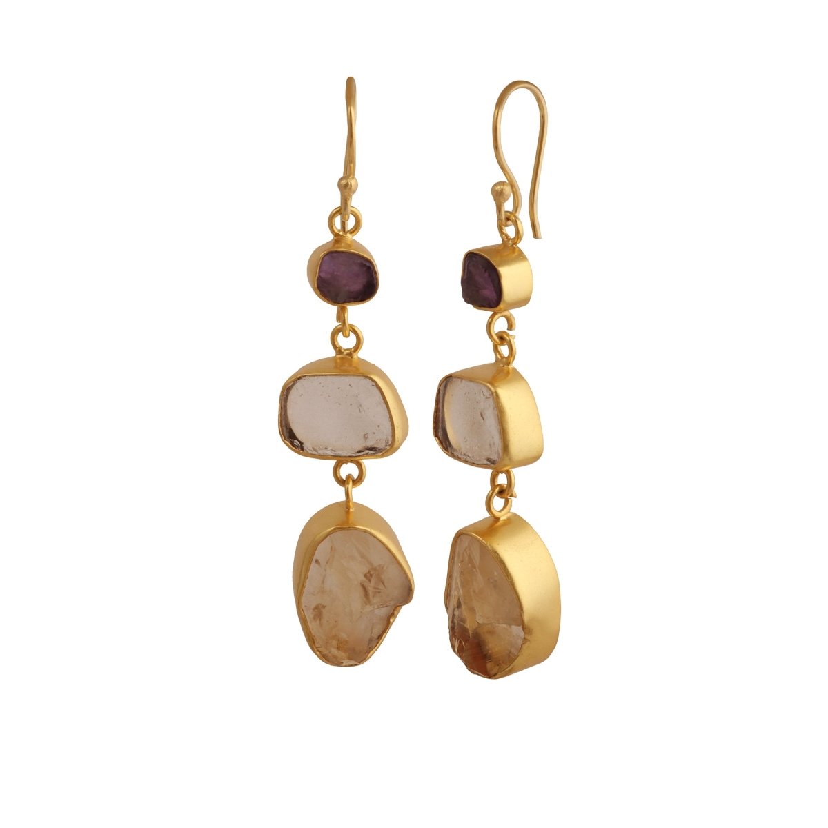 Organic Shape Gemstone Statement Earrings, Handmade Gold Plated Bezel Set 5284