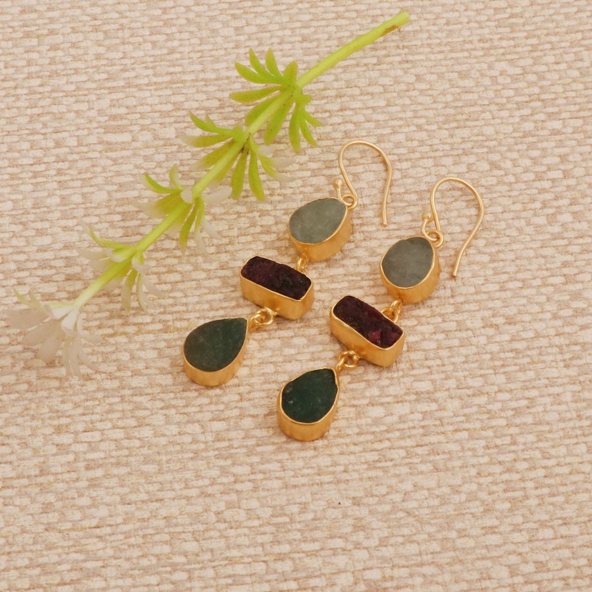 Organic Shape Gemstone Statement Earrings, Handmade Gold Plated Bezel Set 5284