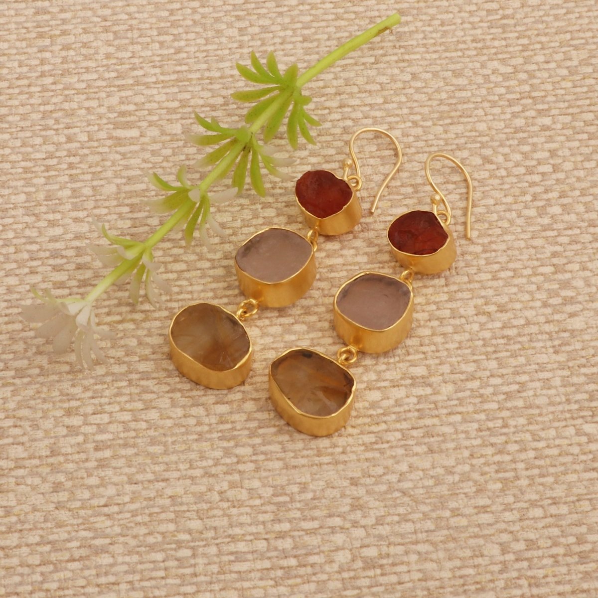 Organic Shape Gemstone Statement Earrings, Handmade Gold Plated Bezel Set 5284