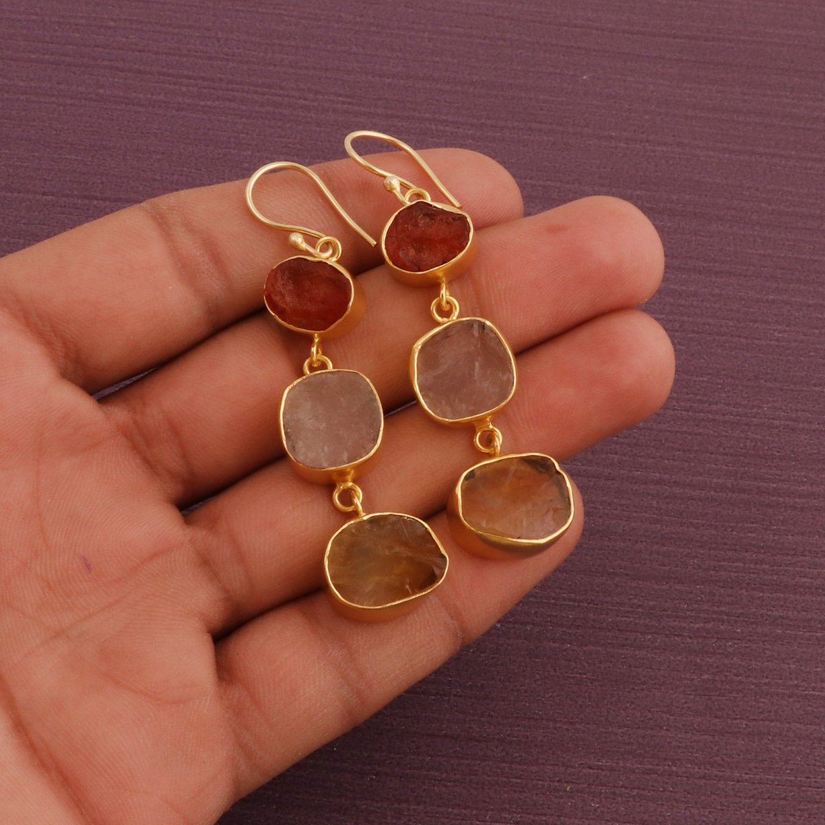Organic Shape Gemstone Statement Earrings, Handmade Gold Plated Bezel Set 5284