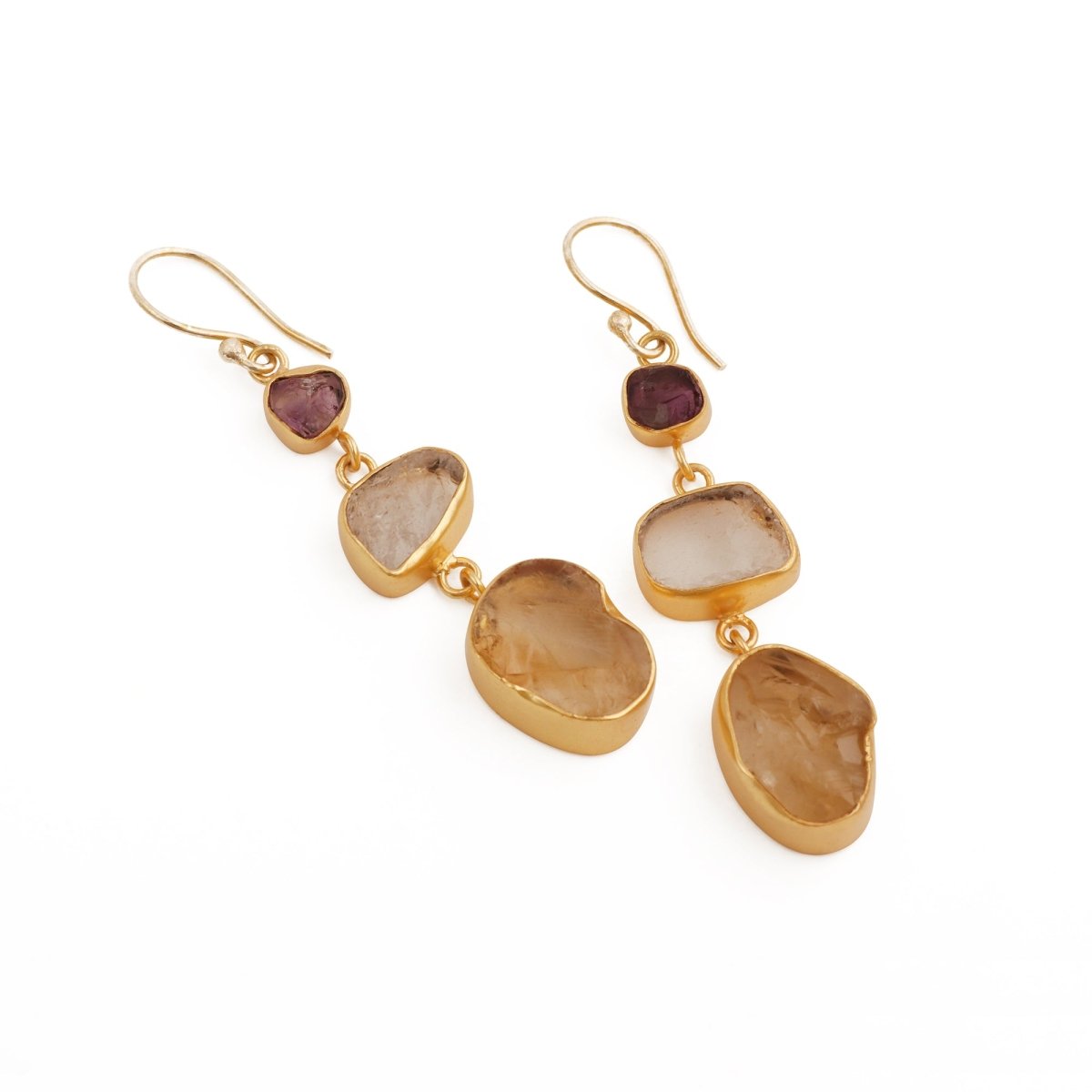 Organic Shape Gemstone Statement Earrings, Handmade Gold Plated Bezel Set 5284