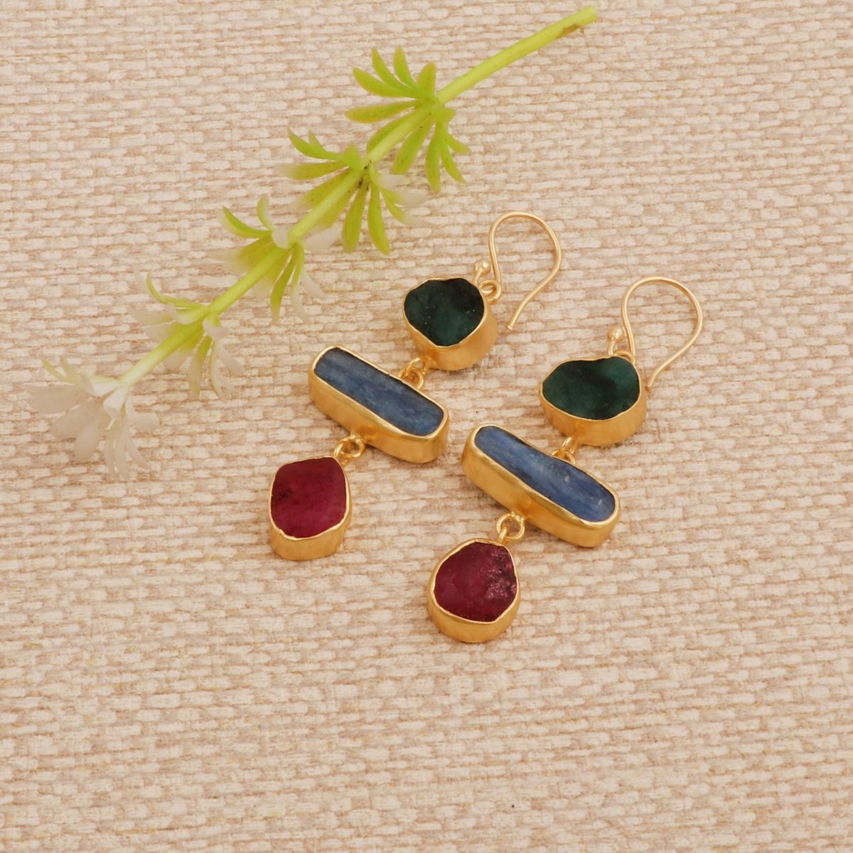 Organic Shape Gemstone Statement Earrings, Handmade Gold Plated Bezel Set 5284