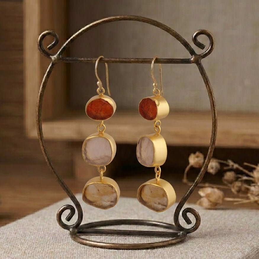 Organic Shape Gemstone Statement Earrings, Handmade Gold Plated Bezel Set 5284