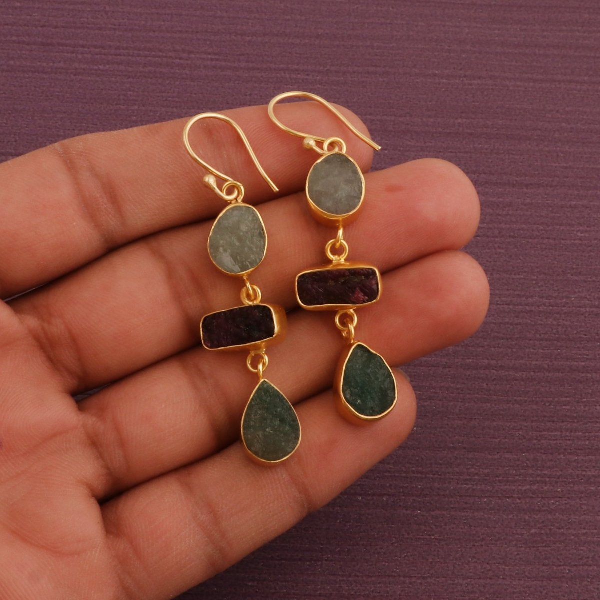 Organic Shape Gemstone Statement Earrings, Handmade Gold Plated Bezel Set 5284