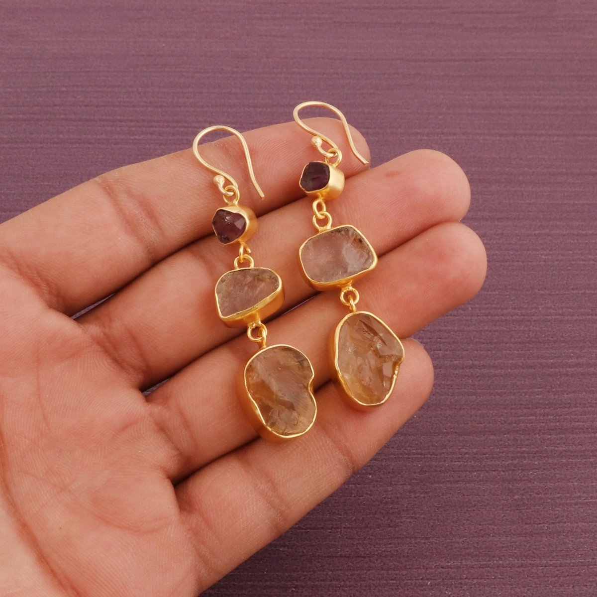Organic Shape Gemstone Statement Earrings, Handmade Gold Plated Bezel Set 5284