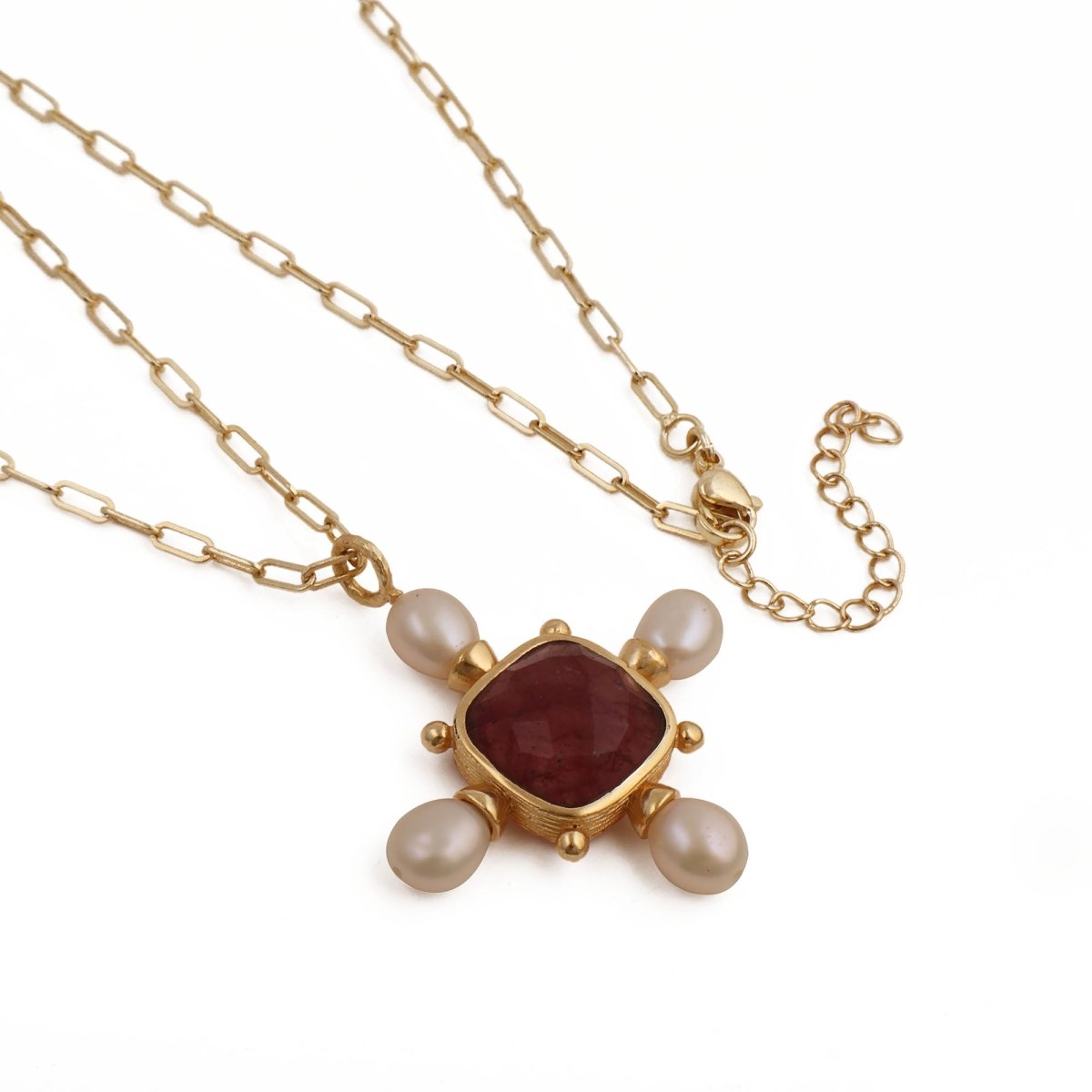 Paperclip Chain Necklace with Pink Strawberry Quartz and Pearl Gemstone Pendant 5406
