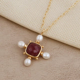 Paperclip Chain Necklace with Pink Strawberry Quartz and Pearl Gemstone Pendant 5406