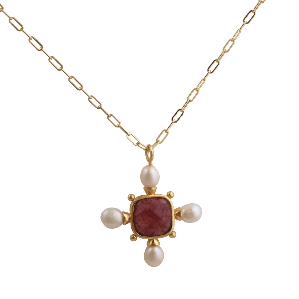 Paperclip Chain Necklace with Pink Strawberry Quartz and Pearl Gemstone Pendant 5406
