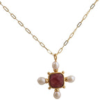 Paperclip Chain Necklace with Pink Strawberry Quartz and Pearl Gemstone Pendant 5406