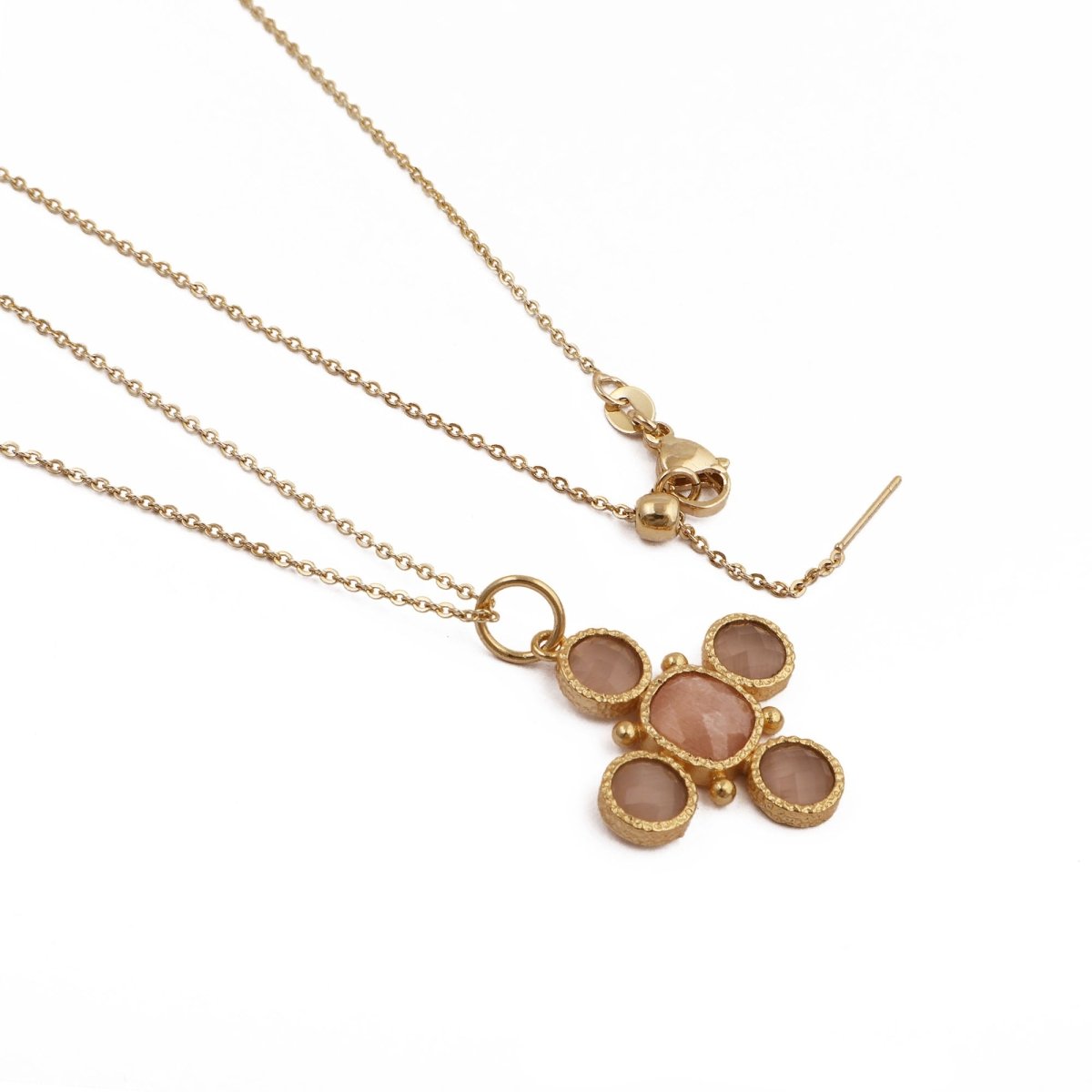 Peach Cats Eye Gemstone Cross Pendant, Gold Plated Jewelry Birthstone Gift For Her 5388