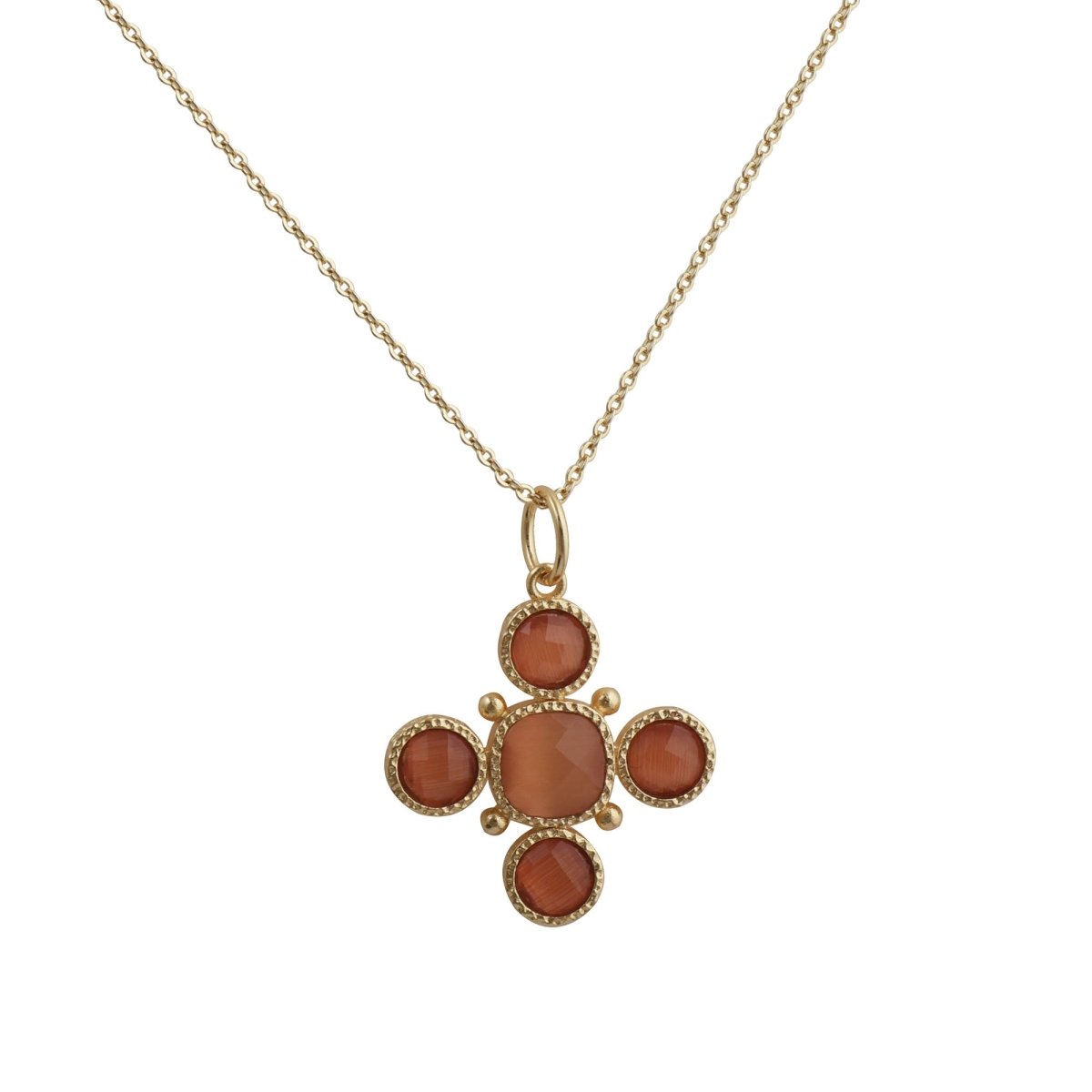 Peach Cats Eye Gemstone Cross Pendant, Gold Plated Jewelry Birthstone Gift For Her 5388