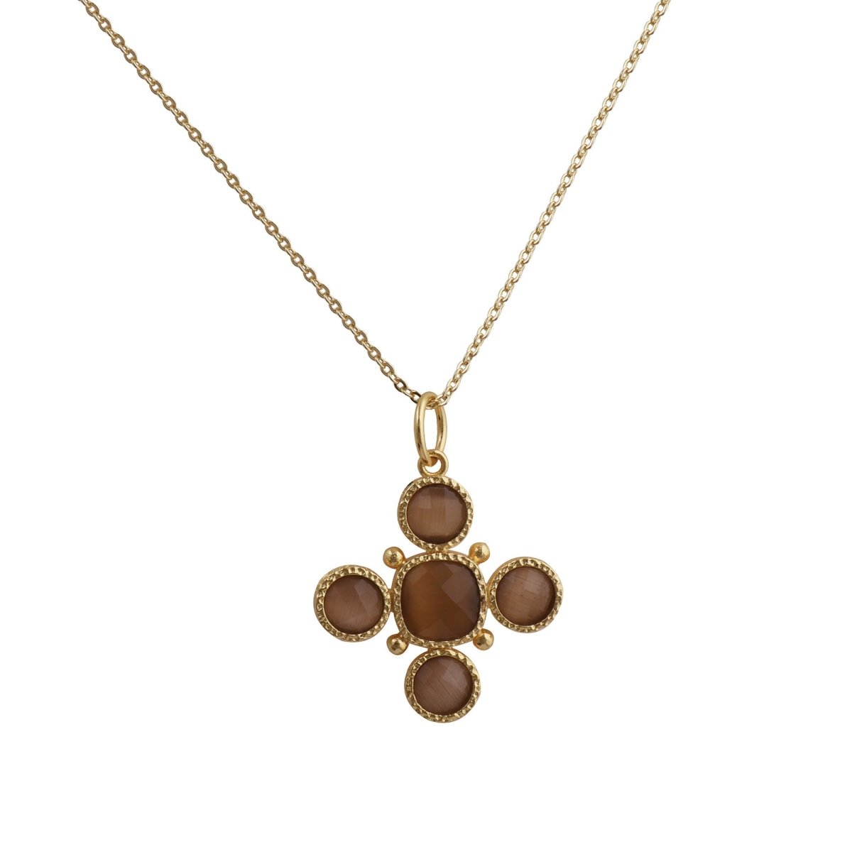 Peach Cats Eye Gemstone Cross Pendant, Gold Plated Jewelry Birthstone Gift For Her 5388