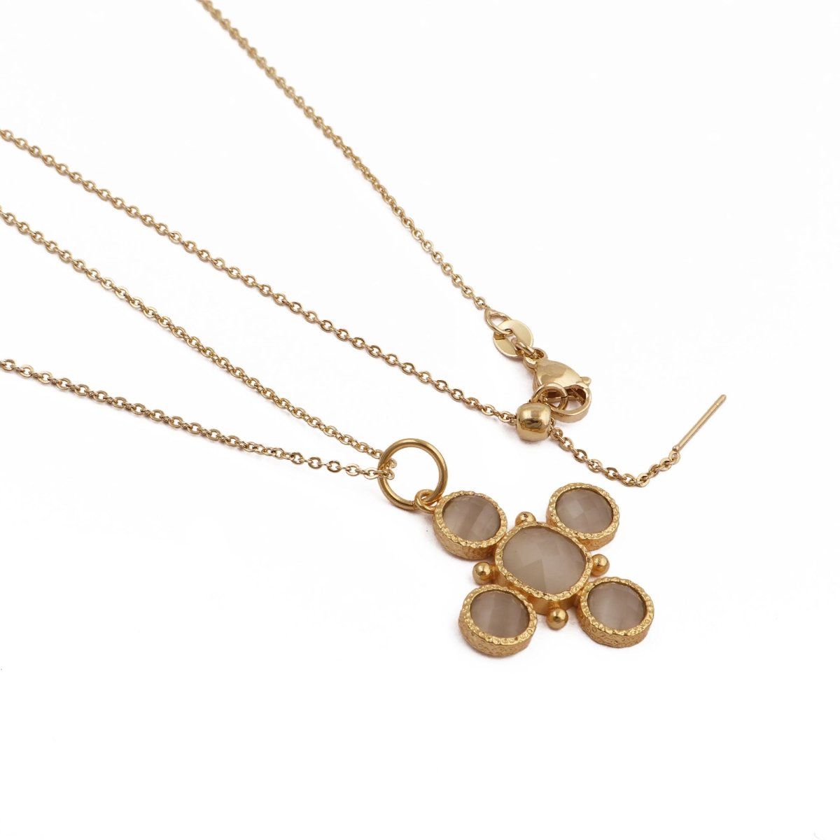 Peach Cats Eye Gemstone Cross Pendant, Gold Plated Jewelry Birthstone Gift For Her 5388