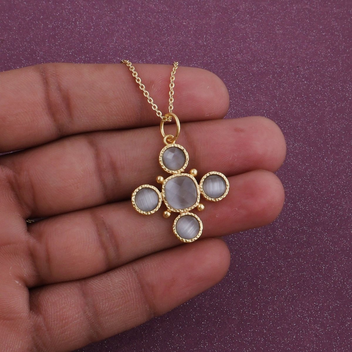 Peach Cats Eye Gemstone Cross Pendant, Gold Plated Jewelry Birthstone Gift For Her 5388