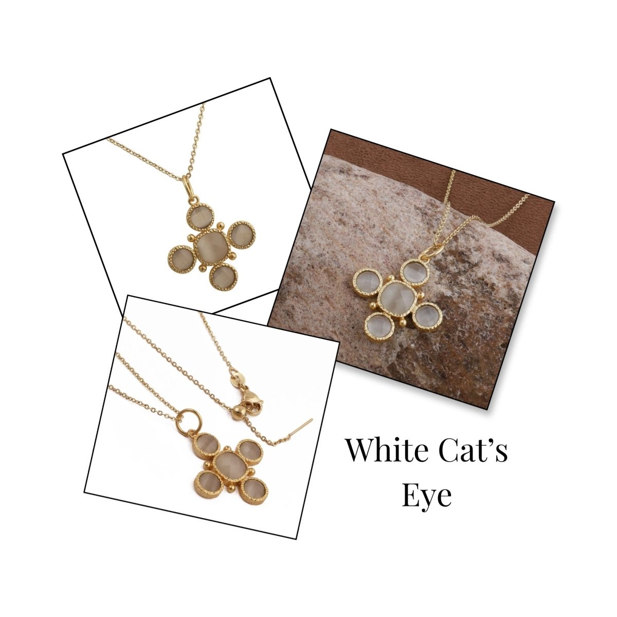 Peach Cats Eye Gemstone Cross Pendant, Gold Plated Jewelry Birthstone Gift For Her 5388 White Cat's Eye