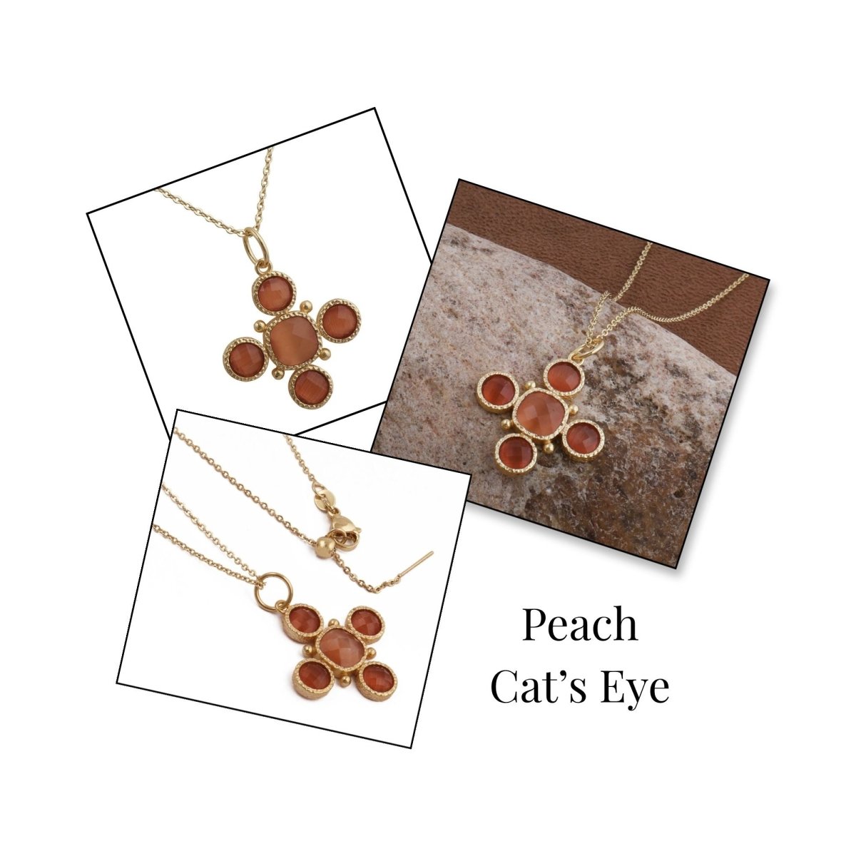 Peach Cats Eye Gemstone Cross Pendant, Gold Plated Jewelry Birthstone Gift For Her 5388