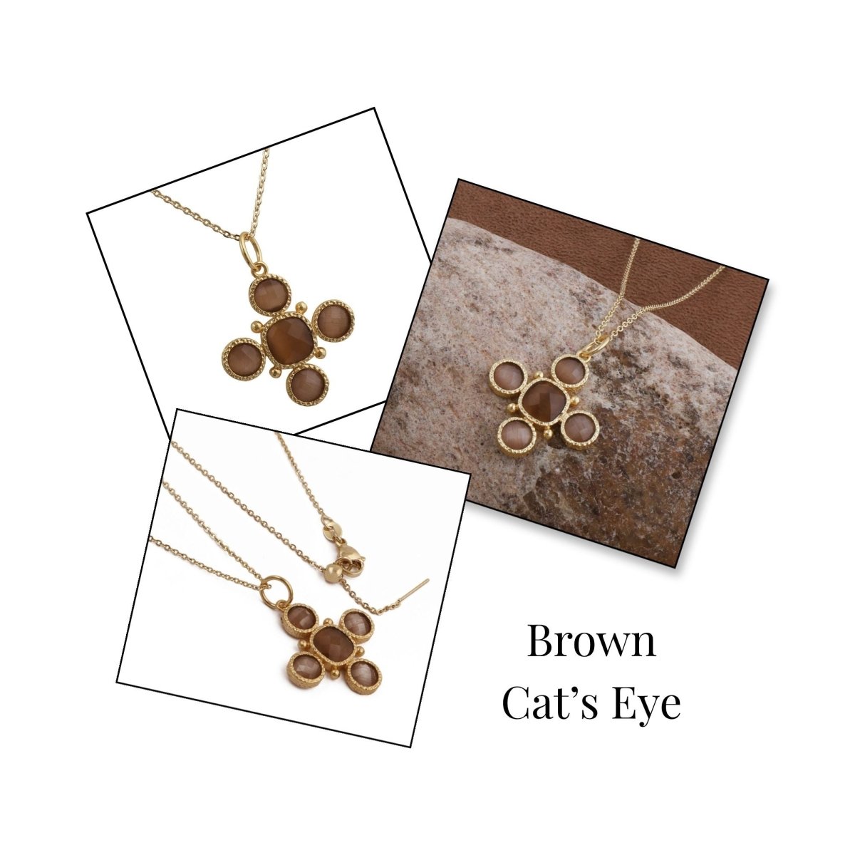 Peach Cats Eye Gemstone Cross Pendant, Gold Plated Jewelry Birthstone Gift For Her 5388 Brown Cat's Eye