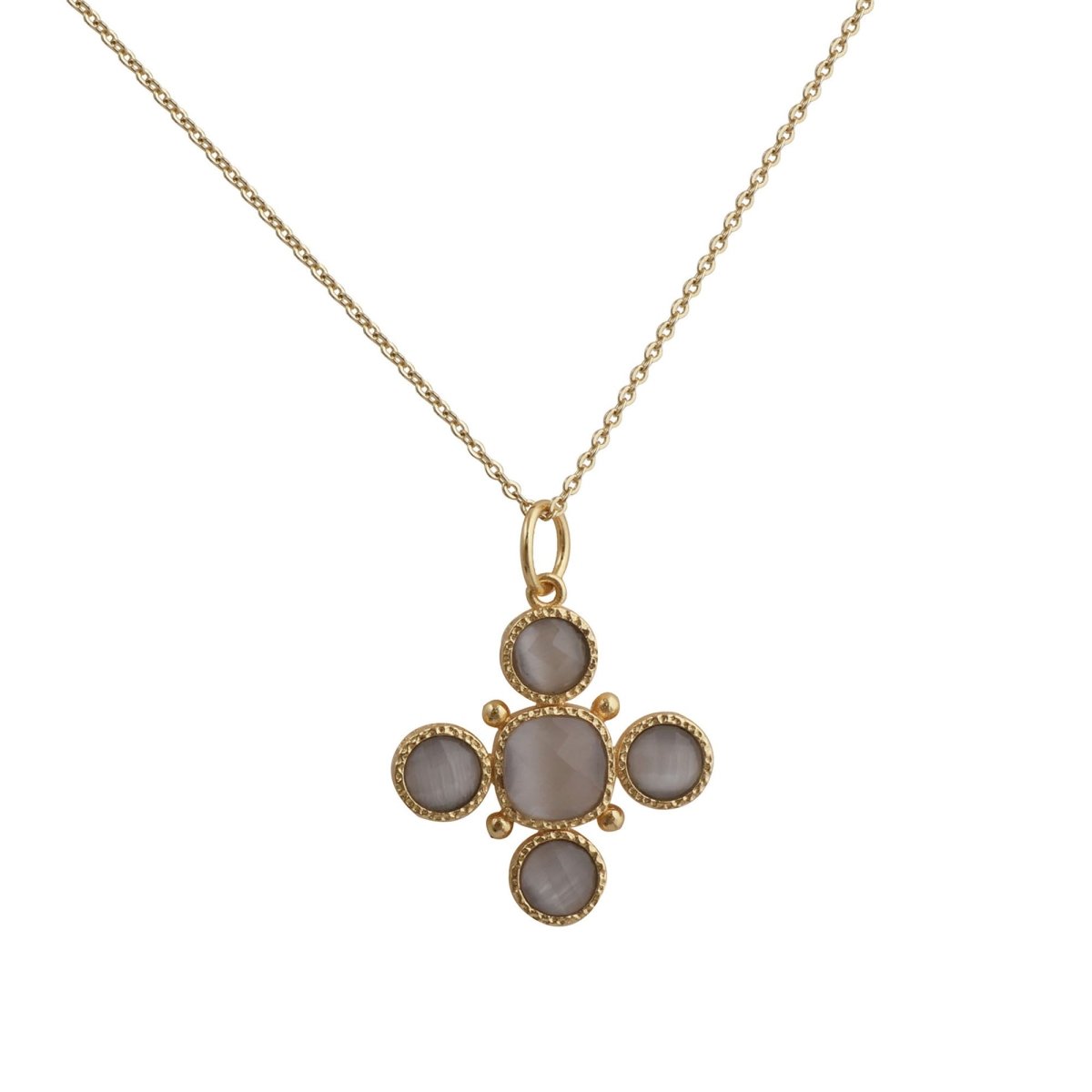 Peach Cats Eye Gemstone Cross Pendant, Gold Plated Jewelry Birthstone Gift For Her 5388